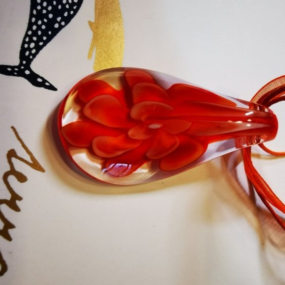Art Glass Pendent Clear Glass with Orange Flower ~ Ribbon and Cord Nec… - Picture 7 of 16